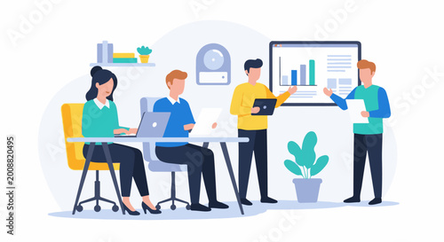 People collaborating in office, presenting data on screen