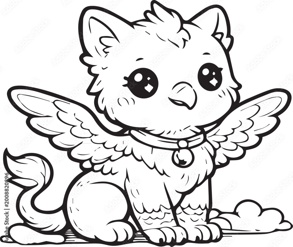 Fototapeta premium Black and white kawaii griffin vector illustration with transparent background. Cute mythical creature design, minimalist outline, clean commercial stock style.