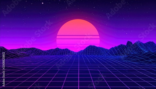  Synthwave retro cyberpunk style landscape background banner or wallpaper