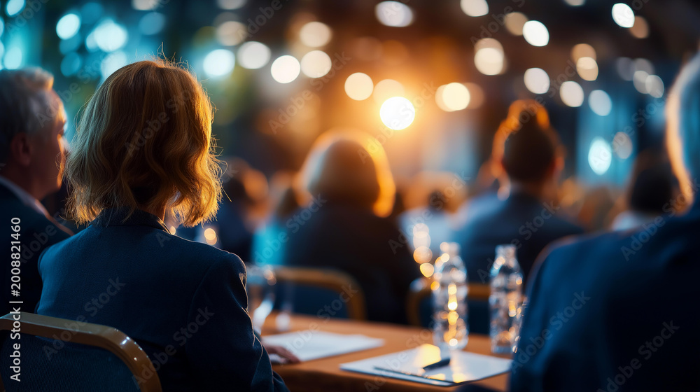 Fototapeta premium Cinematic wide back view of seated audience silhouettes facing a bright softly defocused round table convention with panelists and microphones at the front round table