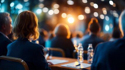 Cinematic wide back view of seated audience silhouettes facing a bright softly defocused round table convention with panelists and microphones at the front round table