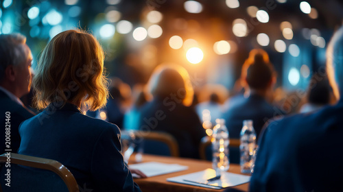 Cinematic wide back view of seated audience silhouettes facing a bright softly defocused round table convention with panelists and microphones at the front round table