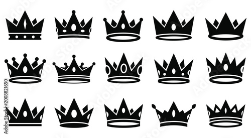 Photos Collection of fifteen decorative royal crowns in black silhouette style, elegant designs for kings and queens, perfect for heraldry and luxury branding purposes
