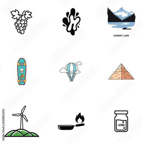 Plaid Pattern Background with Mountain Lake and Skateboard Icons