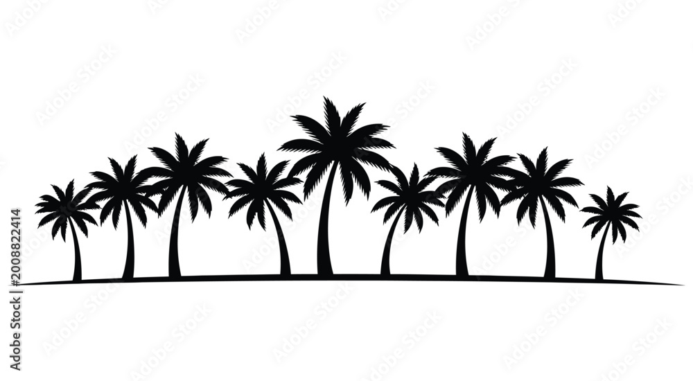 Obraz premium Black silhouette of palm trees in a row isolated on transparent background landscape design elements for tropical summer beach theme concept art for tourism website or exotic travel banner vector.