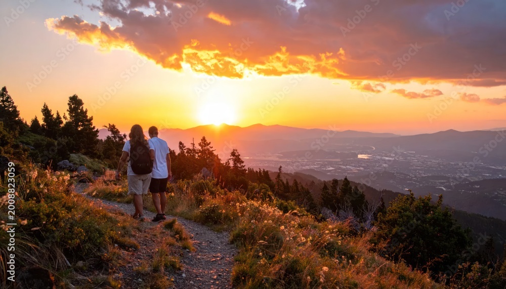Fototapeta premium Couple enjoys breathtaking sunset view from mountain trail.