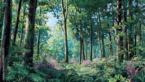 Lush green forest with tall trees and ferns, dappled sunlight filtering through the canopy.