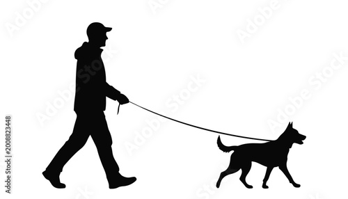 A silhouette of a person walking a dog on a leash against a white background, depicting a common outdoor activity.