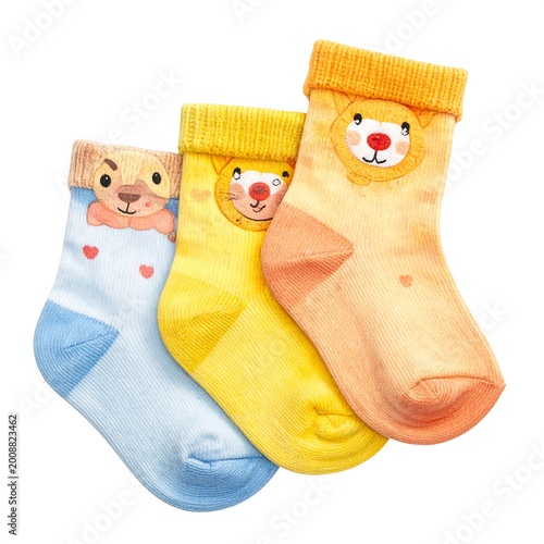 Three colorful baby socks. Featuring cartoon animal faces, they are various shades of blue, yellow, and orange. Soft materials are visible
