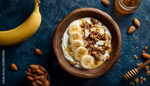 Healthy breakfast bowl with yogurt, granola, banana slices, and almonds, drizzled with honey.