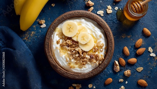 Healthy breakfast bowl with yogurt, banana slices, granola, and honey drizzle.