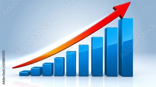 Blue bar chart rising with red arrow up growth success financial data graph