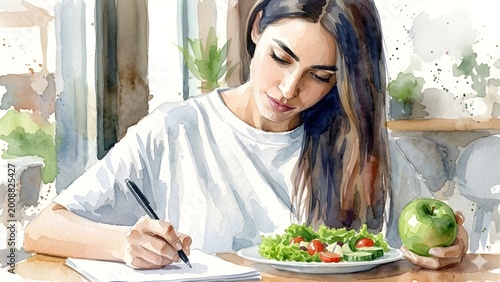 Young Woman Writing in Notebook with Fresh Salad and Green Apple – Healthy Lifestyle Watercolor