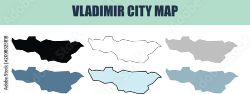 Photos Vladimir city map outlines in six styles including fill stock and line art for p