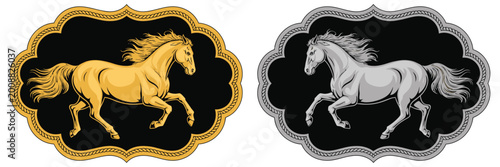 Tableau sur toile Horse belt buckle vector illustration with western rodeo cowboy style gold and s