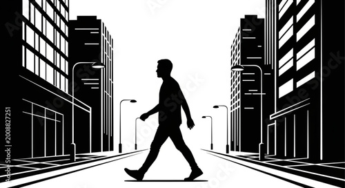 Fotografie Silhouette of a Man Walking in Urban Cityscape.
