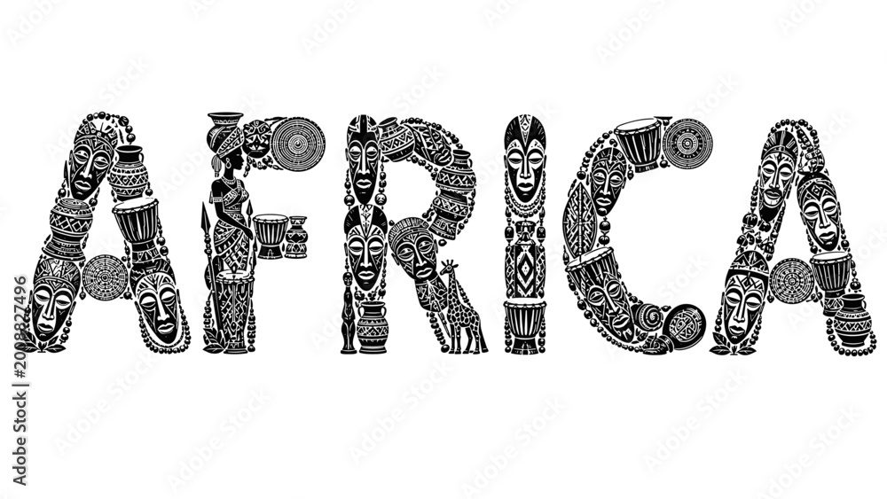 Fototapeta premium Decorative lettering spelling Africa with tribal patterns and masks in black-white vector style