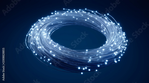 Coiled fiber optic cable with glowing blue lights.
