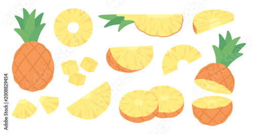 Cartoon pineapple fruits. Fresh pineapples slices, cubes and half fruit. Exotic tropical fresh food for diet, vitamin raw product. Juicy nutrition, racy vector set