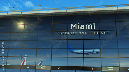 Airplane landing airport terminal arrival in Miami