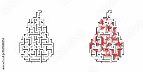 Pear shaped maze puzzle with solution path showing red line on white background
