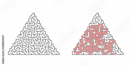 Equilateral triangle shaped maze puzzle with solution path showing red line on white background
