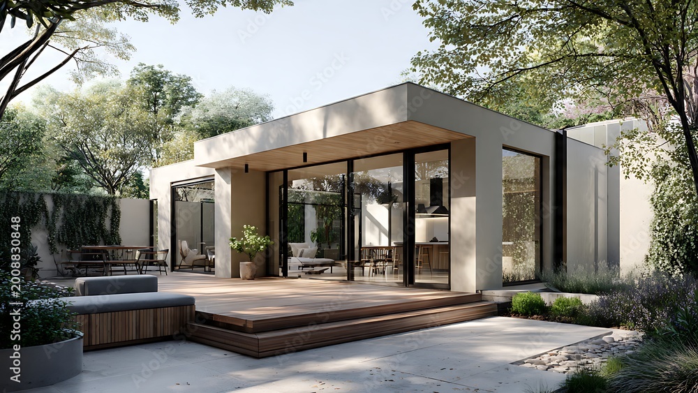 Fototapeta premium Modern minimalist home with expansive glass doors, a tranquil wooden deck, and lush garden landscaping, perfect for contemporary indoor-outdoor living and architectural inspiration
