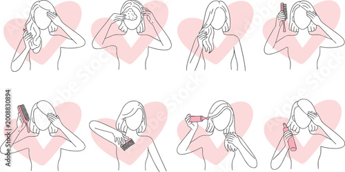 Vector illustration of eight hair care routine steps including shampoo, massage, rinse, conditioner, combing, brushing, oil, and styling