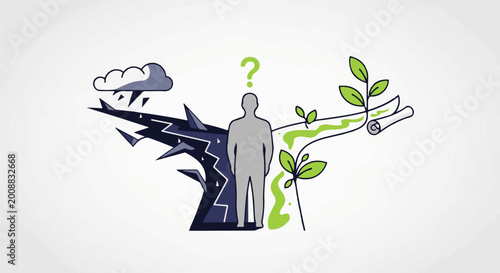 A person stands at a crossroads between a stormy path and a flourishing future