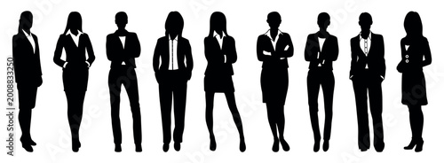 Professional business women silhouettes set, corporate female office workers in suits, collection of 9 standing businesswoman vector figures