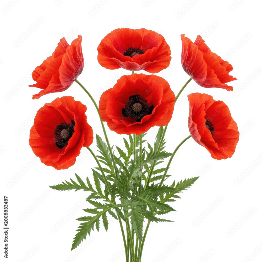 Obraz premium A vibrant bouquet of six bright red poppy flowers with delicate petals and green feathery leaves isolated on transparent background