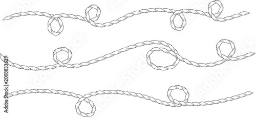 Set of Wavy western or nautical rope squiggle lines with flowing curves and tangles Marine cable pattern for sailor design Hand drawn sketch continuous line doodle form wavy elements Marine rope brush