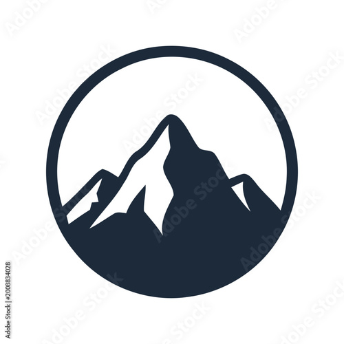 Fényképezés Black and white mountain peak icon inside a circle for nature adventure and trav