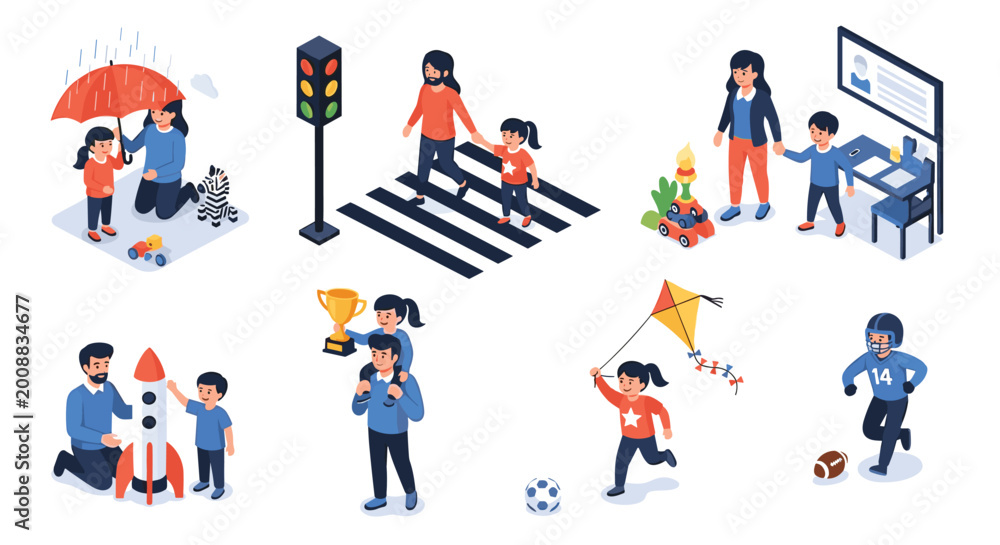 Fototapeta premium Father and child engage in various bonding activities like sports, learning, and playing together in a nurturing environment.
