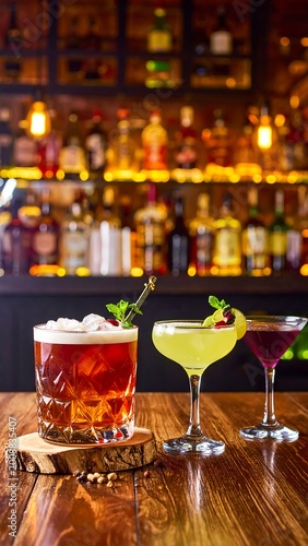 Three colorful cocktails sit on a wooden surface, set in front of a well-stocked bar with warm lighting
