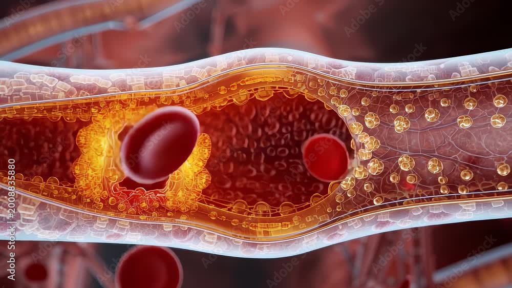 Cholesterol plaque narrowing artery with red blood cells and fatty ...