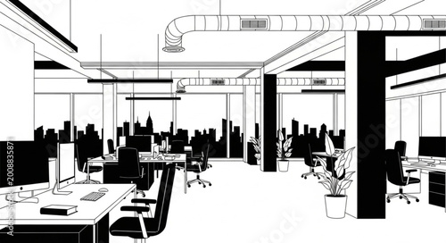 Modern Office Interior with Workstations and Meeting Areas.