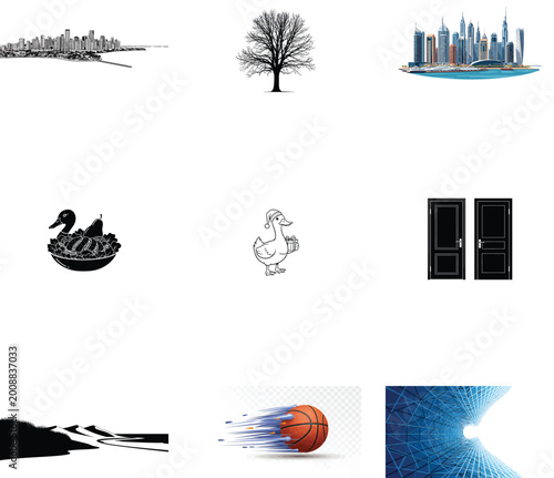 Stylized blue city skyline illustration with checkered pattern