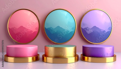 Three colorful displays showcasing abstract mountain scenes within gilded circular frames, on matching pedestals