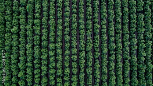Aerial perspective showcases perfectly aligned rows of lush green crops growing in a fertile field.