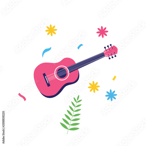 Pink acoustic guitar illustration with colorful flowers and leaves, festive musical concept for celebration