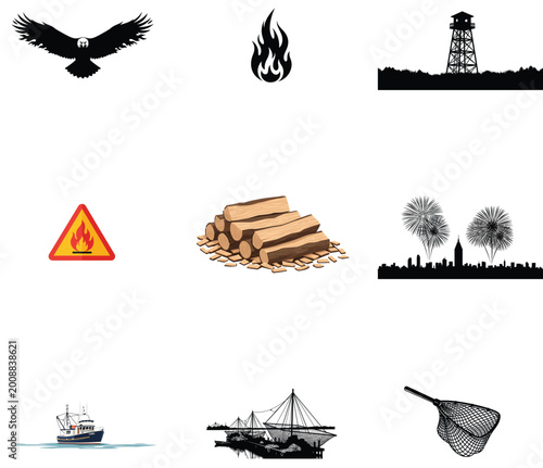 Abstract vector collage with eagle lighthouse and patterns