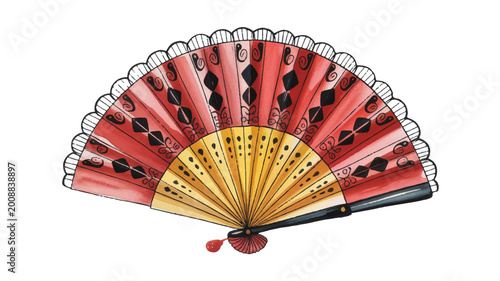 Handheld decorative red and yellow folding fan with intricate patterns