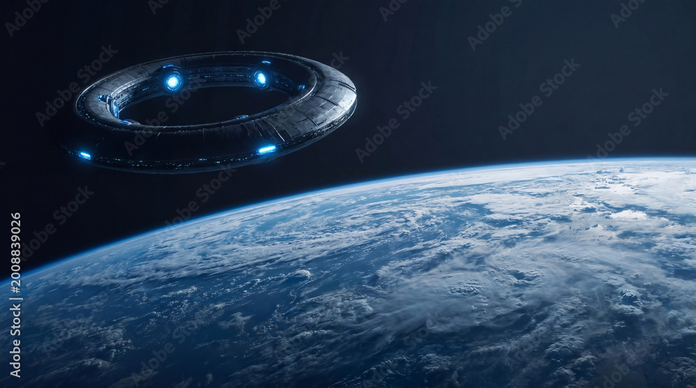 Obraz premium Alien spaceship orbiting planet Earth. Giant circular spacecraft above atmosphere. Extraterrestrial life arrival, science fiction exploration, cosmic mystery, interstellar travel.