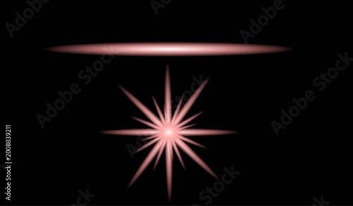 Red starburst and oval glow against the darkness.