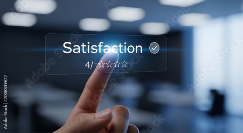 A person touches a glowing digital screen displaying the word satisfaction and a four star rating in a blurred office environment.