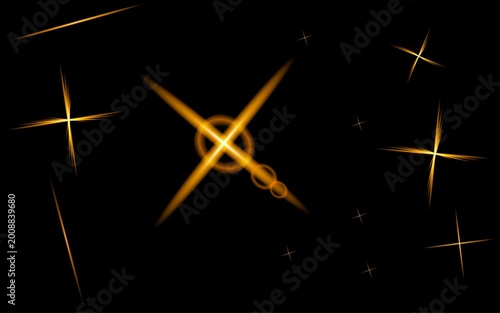 Multiple bright golden light flares illuminate the void.