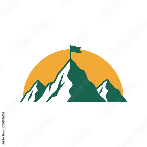 Green mountain peak with a flag on top and a golden sunrise circle in a simple flat vector illustration style for design