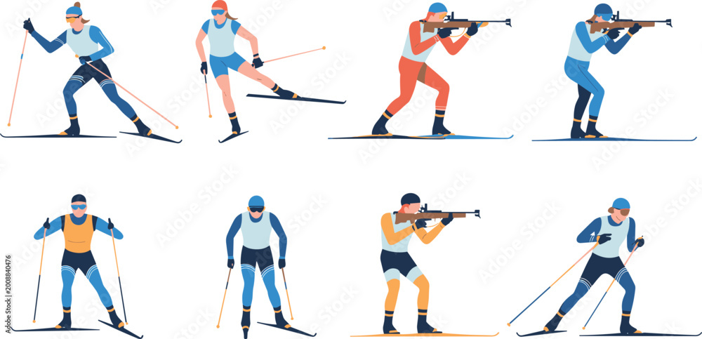 Fototapeta premium Biathlon athletes skiing and rifle shooting set illustrating winter sport competition training action and endurance performance concept