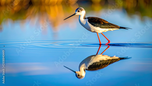 A black-winged stilt with vibrant orange legs stands in shallow blue water, its reflection mirrored below, surrounded by a soft, bokeh background of warm tones.